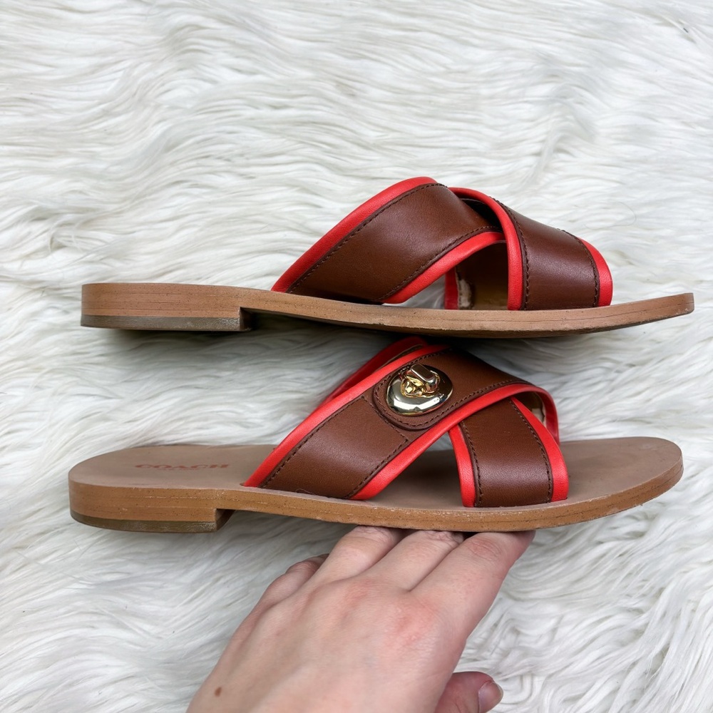 Coach Coral Turnlock Leather Slides Criss Cross Sandals Brown Orange Size 7.5 - Picture 4 of 8